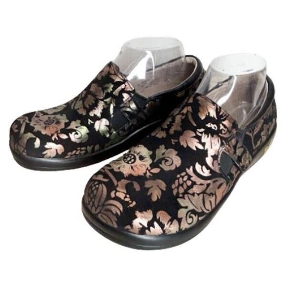💐 Alegria Comfort Shoes Euro 38 Black Gold Floral Clogs Excellent Fun! 7 7.5 8 - Picture 3 of 16